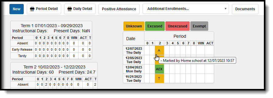 Screenshot of the Student Attendance Entry as viewed by the Serving School