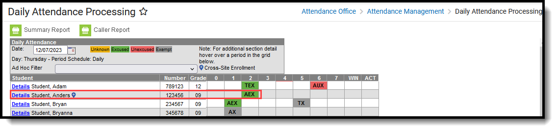 Screenshot of the Daily Attendance list displaying the Attendance Code instead of the Absent entry. 
