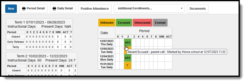 Screenshot of the Student Attendance tool AFTER assigning an Attendance Code at the Serving School