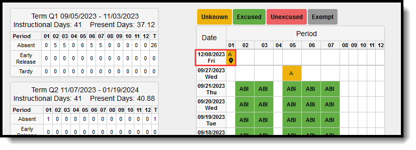 Screenshot of the Student Attendance tool at the Home School AFTER Serving School assigned an Attendance Code. 