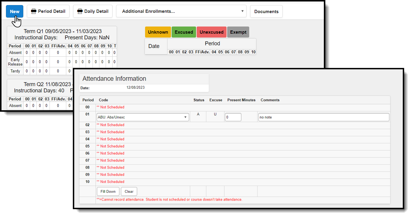 Screenshot of recording student attendance on the Attendance tool at the Serving School.