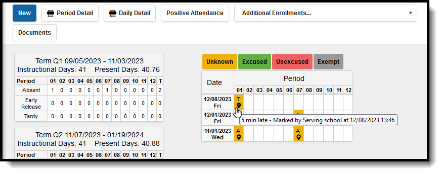 Screenshot of the student's attendance record at the Home School AFTER the teacher at the Serving School takes attendance.