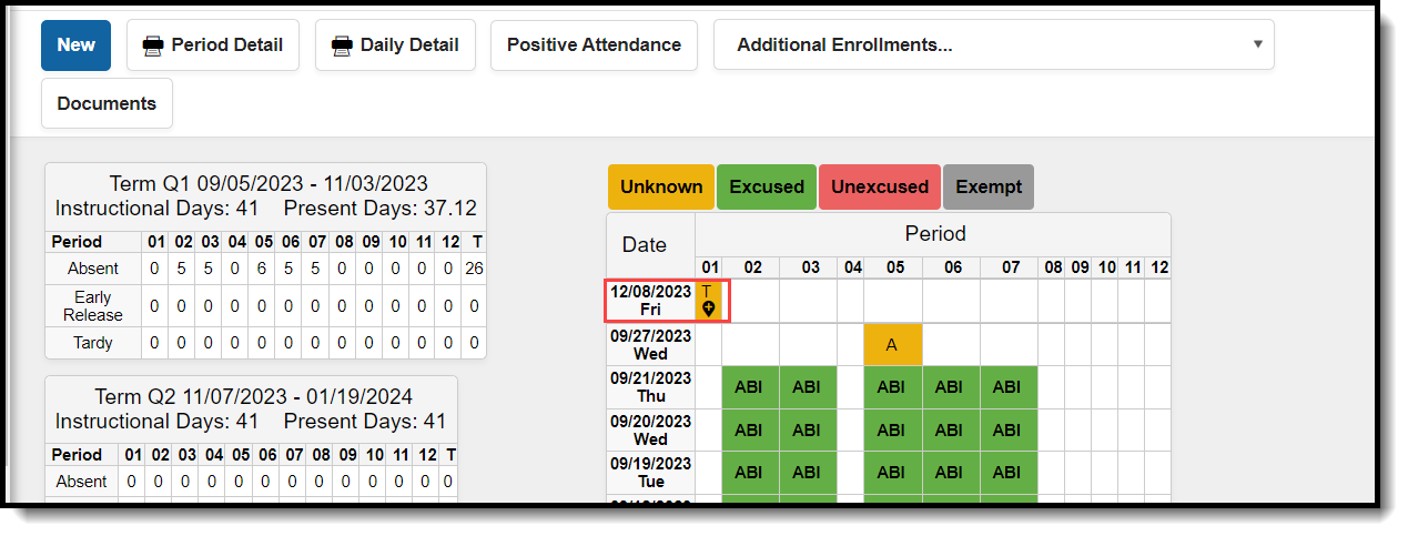 Screenshot of the student attendance record AFTER attendance is entered at the SErving School in the classroom monitor. 
