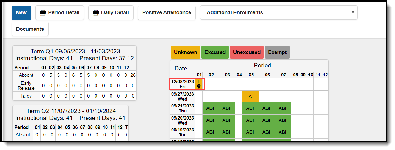 Screenshot of the student attendance record AFTER attendance is entered at the SErving School in the classroom monitor. 
