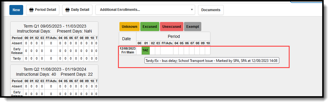 Screenshot of the student's attendance record AFTER assigning an Attendance Code through the Attendance Wizard. 