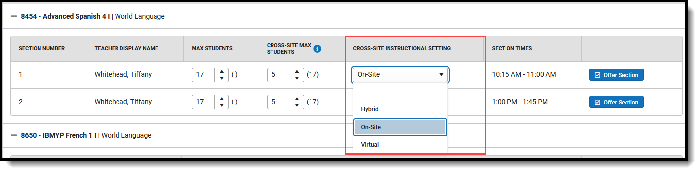 Screenshot of the Instructional Setting options. 