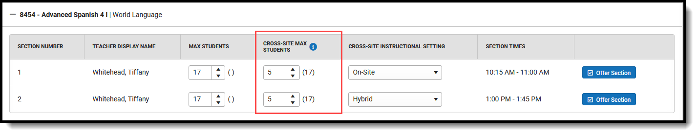 Screenshot of the Cross-Site Max Students fields