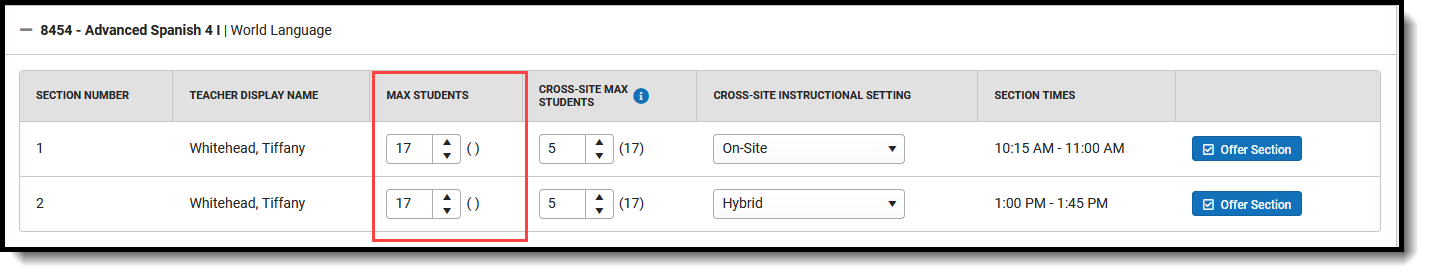 Screenshot of the Max Students field for Cross-Site Courses