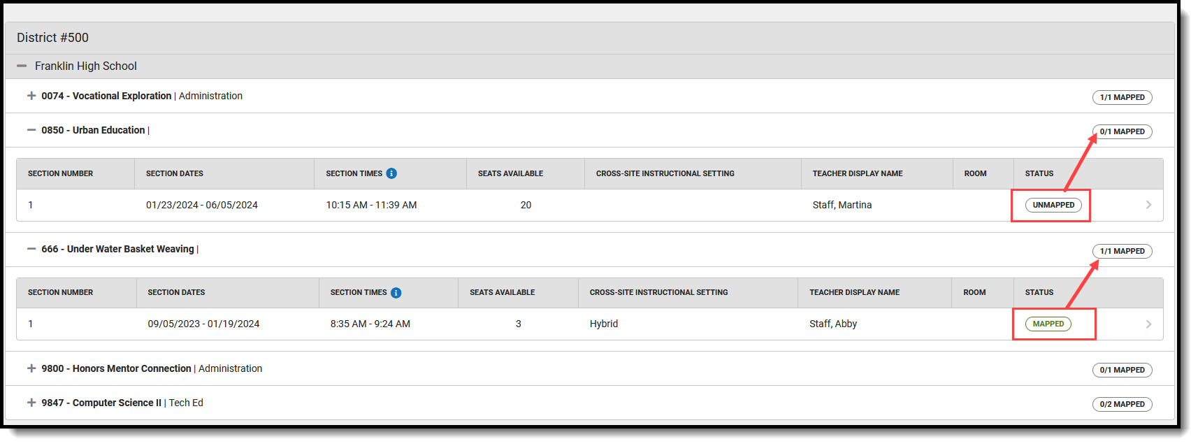 Screenshot of a Mapped and Unmapped offered section. 