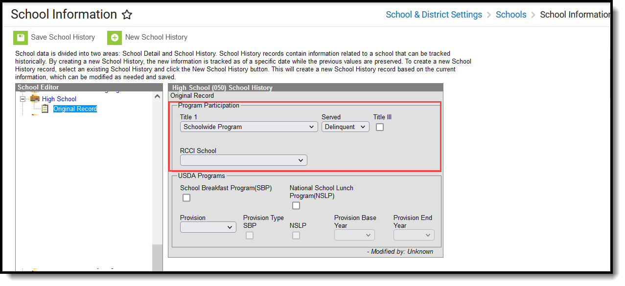 Screenshot of the School History Record for selecting Title 1 information
