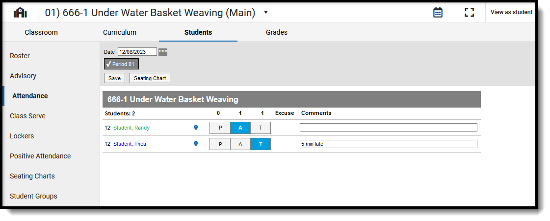 Screenshot of the Classroom Attendance tool showing Cross-Site Students