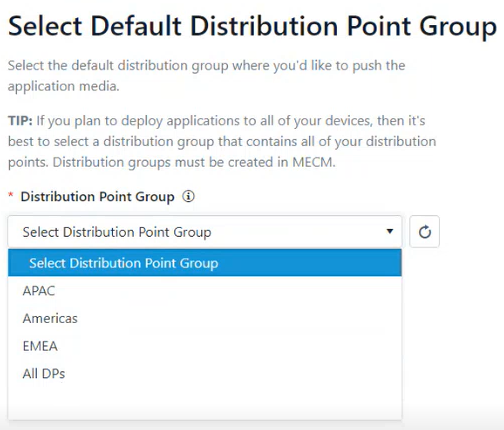 Application Manager - Default Configuration Setup - Select Default Distribution Point Group
