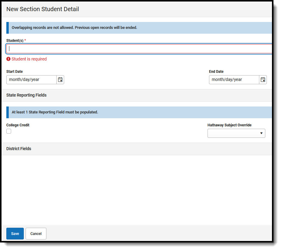 Screenshot of adding a Section Student Detail Record.