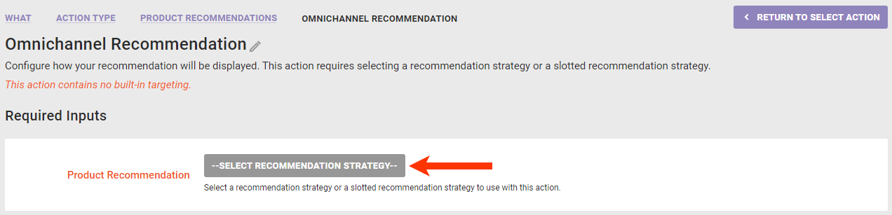 Callout of the Recommendation Strategy selector on the Omni Intelligent Recommendations action template
