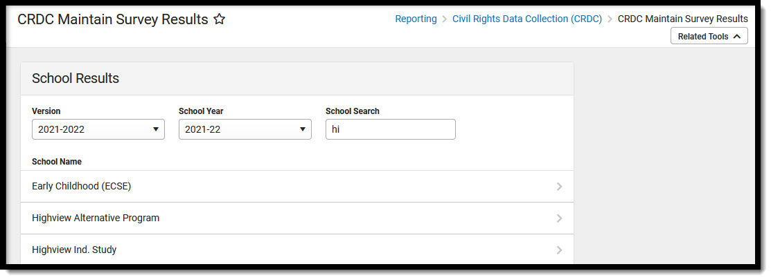 Screenshot of Maintain Survey Results tool for 2021-2022 with school search and school names.