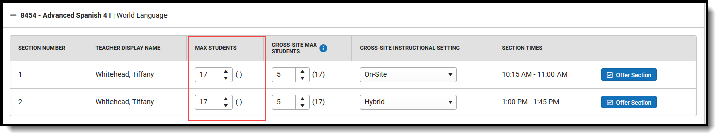 Screenshot of the Max Students field for Cross-Site Courses