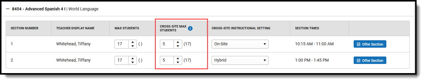 Screenshot of the Cross-Site Max Students fields