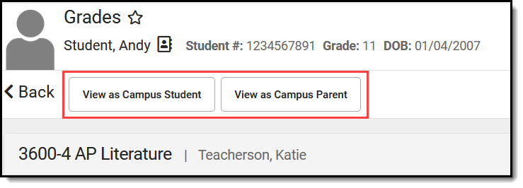  Screenshot highlighting the View as Campus Student and View as Campus Parent buttons at the top of the screen. 