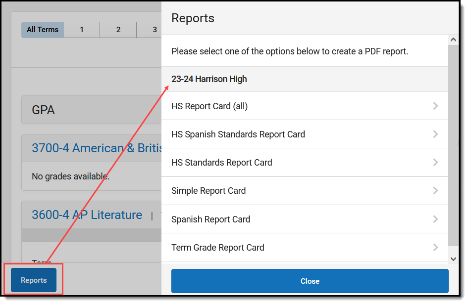  Screenshot highlighting the Reports button at the bottom of the screen and the list of available report cards that displays. 