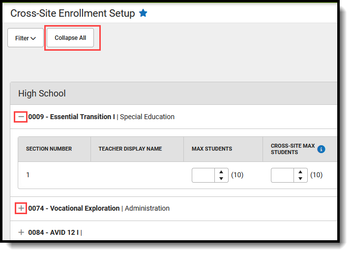 Screenshot of Collaps All and plus and minus signs for moving through courses