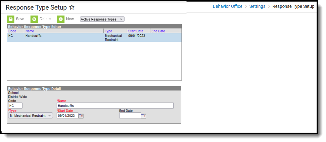 Screenshot of the Behavior Response Type editor