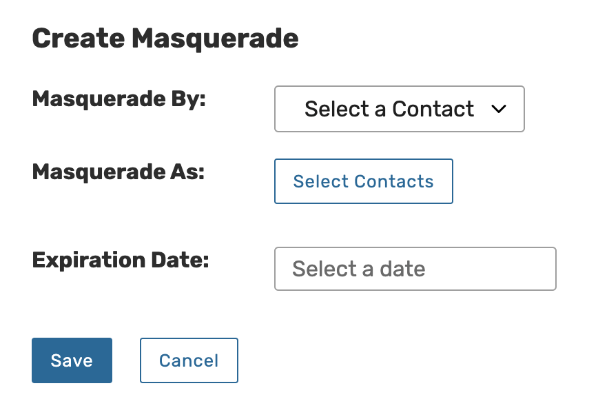 Masquerade By, Masquerade as, and Expiration Date form fields.
