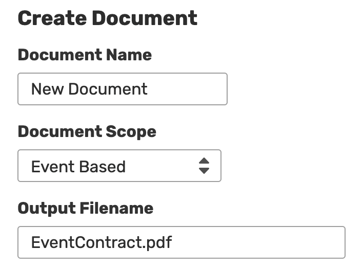 Create document form name, scope, and output filename fields.