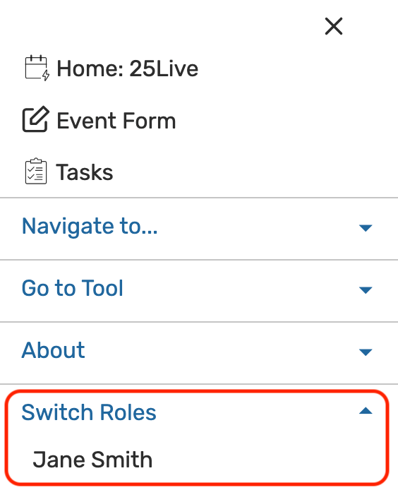 Switch roles options in the 25live more menu