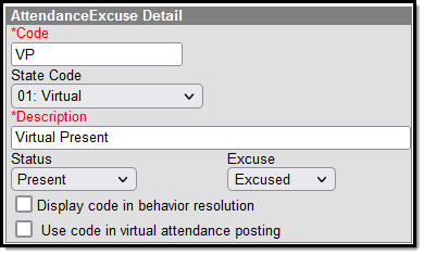 Image of the Attendance Excuse Detail Editor.