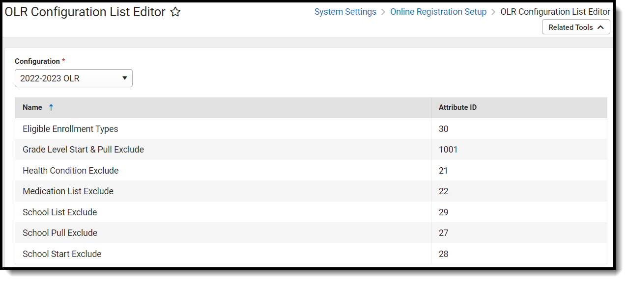 Screenshot of OLR Configuration List Editor