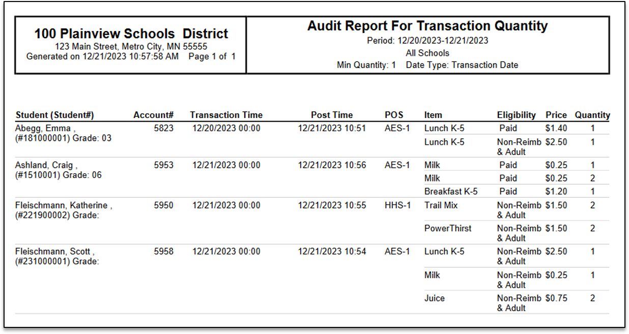 Screenshot of the Quantity Audit Report.
