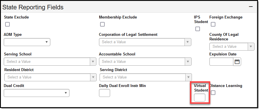 Image of the Enrollment State Reporting Fields editor.