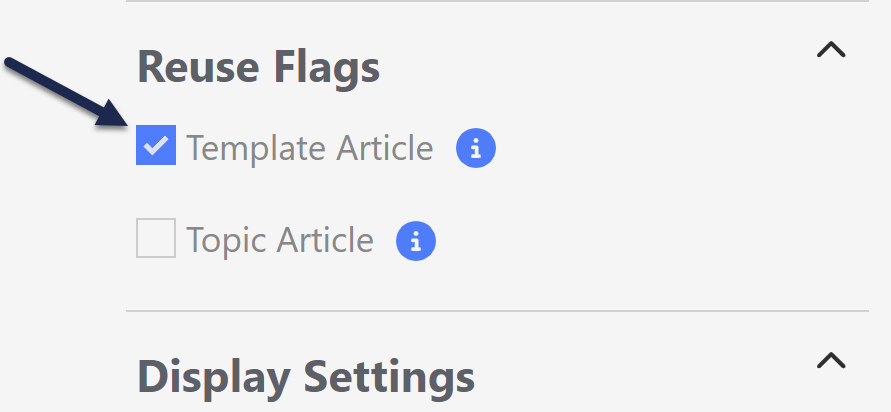 Screenshot of the article settings menu. The Template checkbox is highlighted.