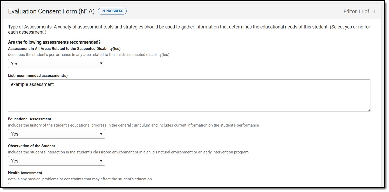 Screenshot of the Evaluation Consent Form (N1A) Editor.
