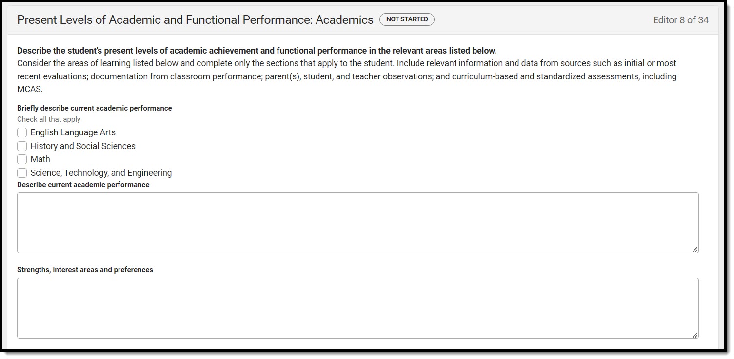 Screenshot of the Present Levels of Academic and Functional Performance: Academics editor.