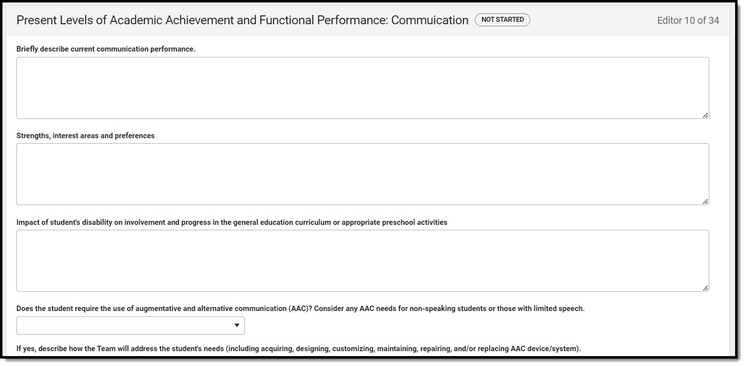 Screenshot of the Present Levels of Academic Achievement and Functional Performance: Communication Editor.