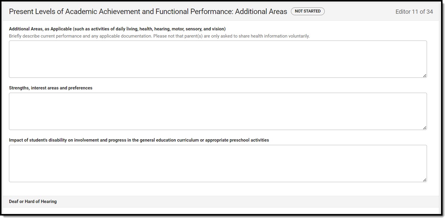 Screenshot of the Present Levels of Academic Achievement and Functional Performance: Additional Areas Editor.