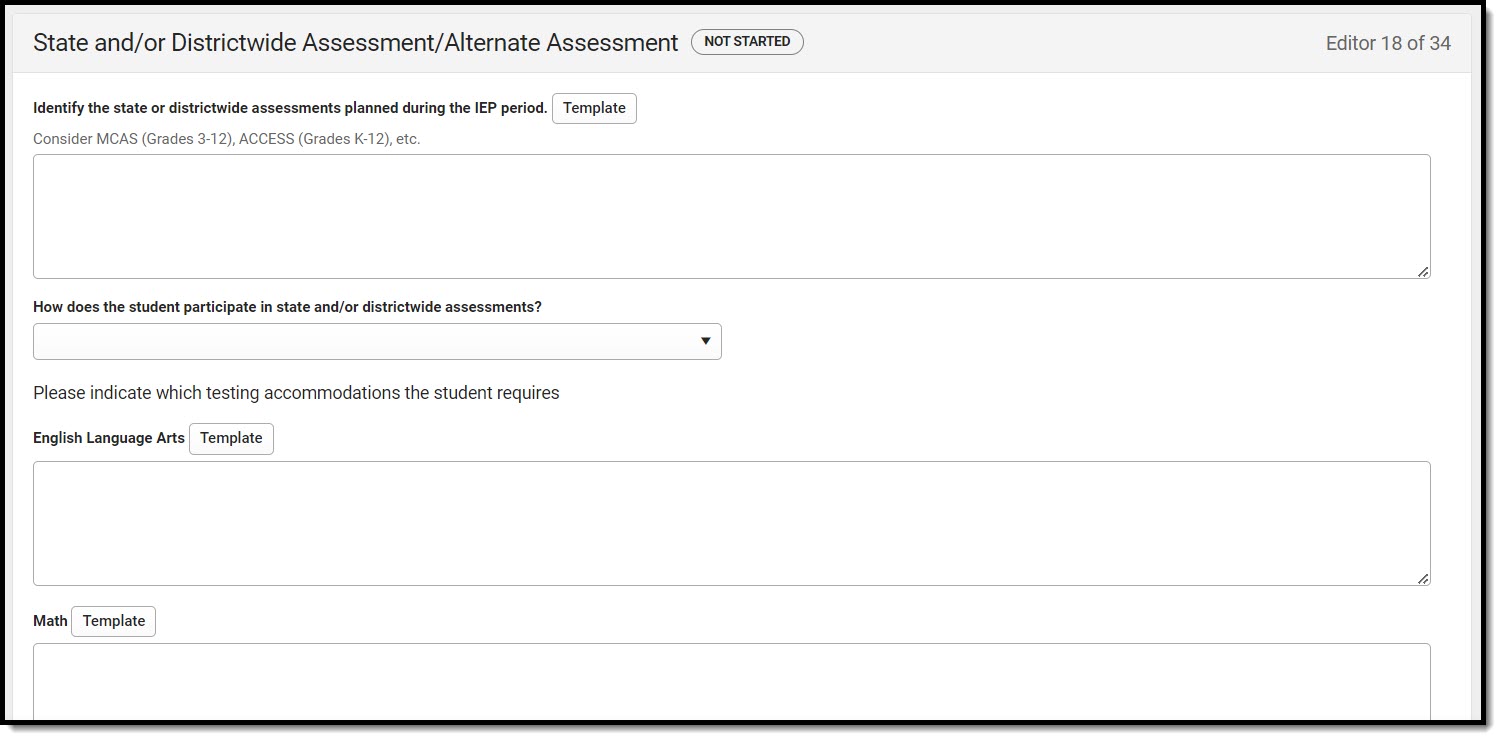 Screenshot of the State and/or Districtwide Assessment/Alternate Assessment Editor.