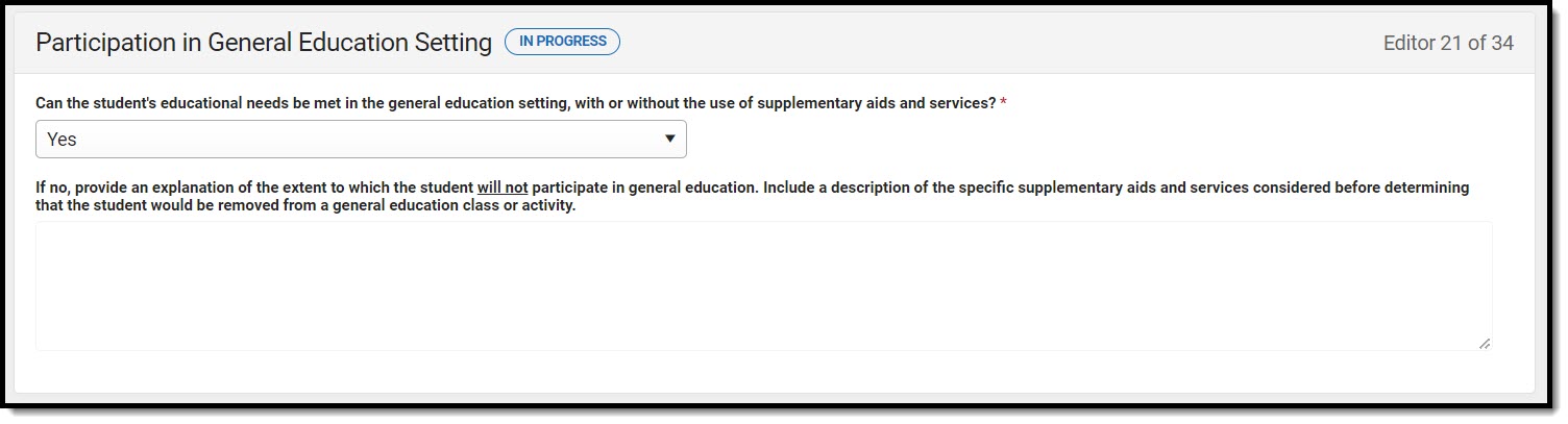 Screenshot of the Participation in General Education Setting Editor.