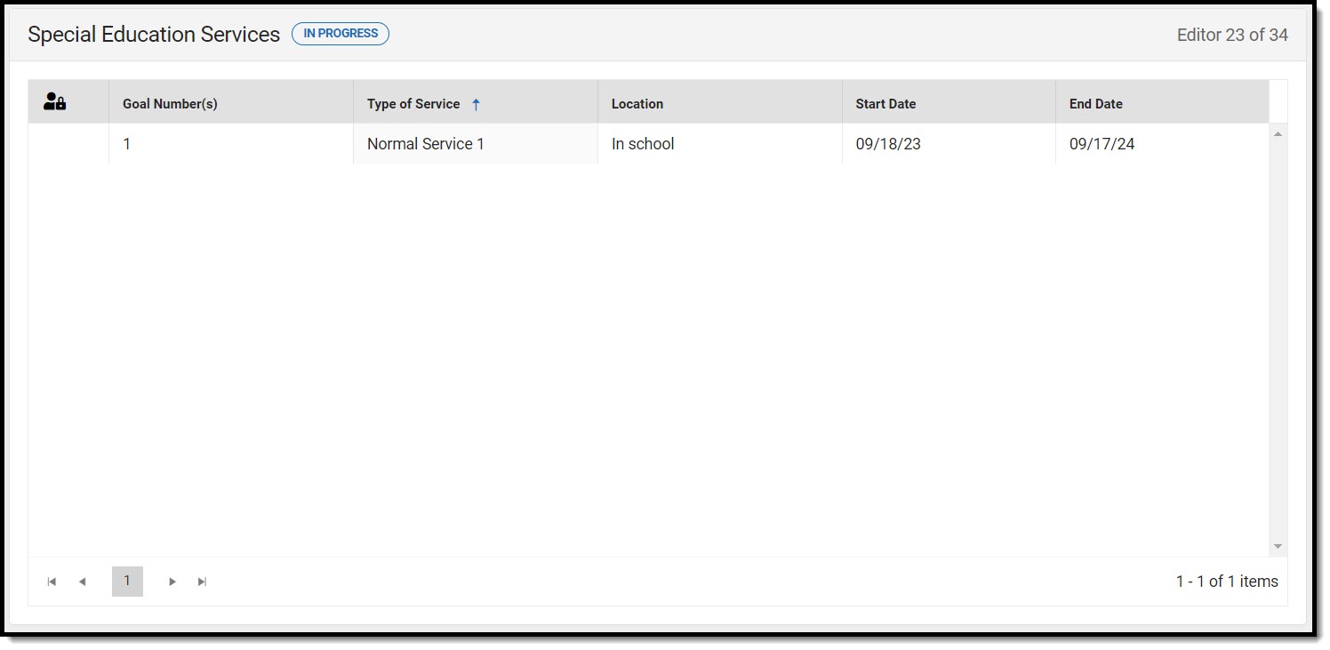 Screenshot of the Special Education Services List Screen.