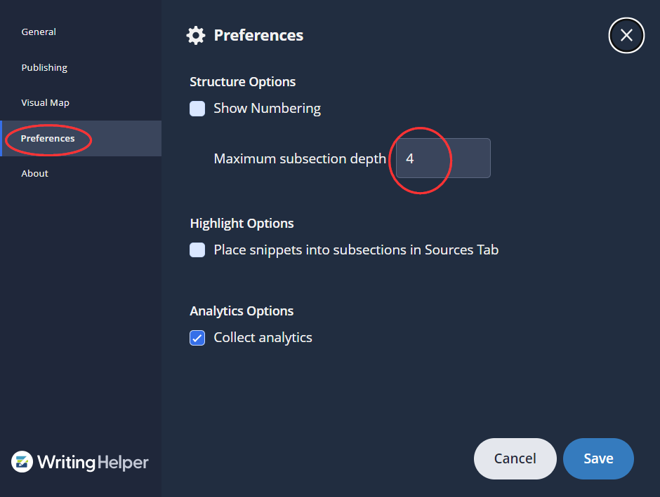 Writing Helper settings screen showing Preferences open and subsection depth field highlighted