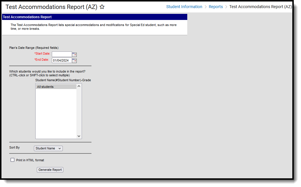 Screenshot of the Test Accommodations Report