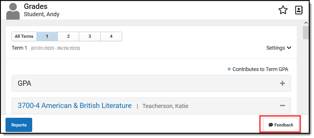 Screenshot highlighting the Feedback button in the bottom right corner of the Grades tool. 