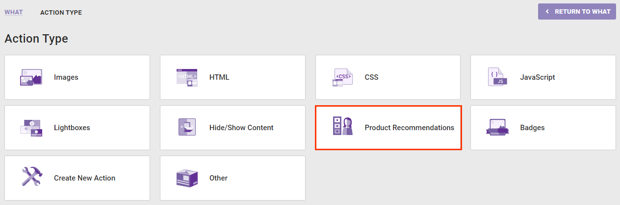 Callout of the Product Recommendations option on the Action Type panel