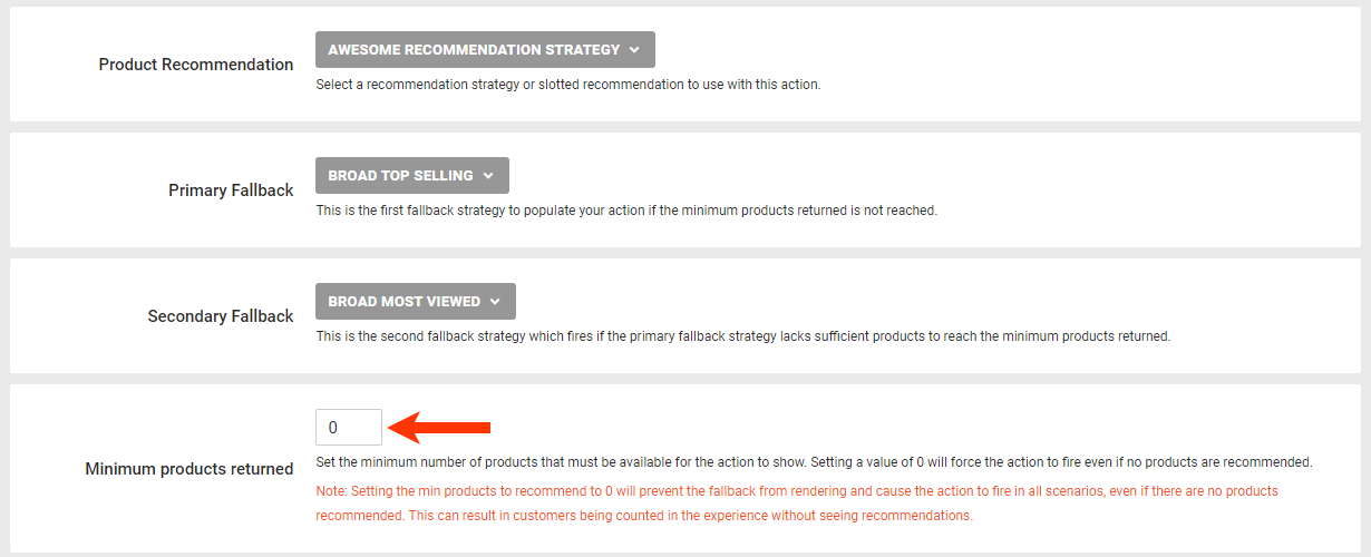 Callout of the 'Minimum products returned' field of a recommendations slider action template