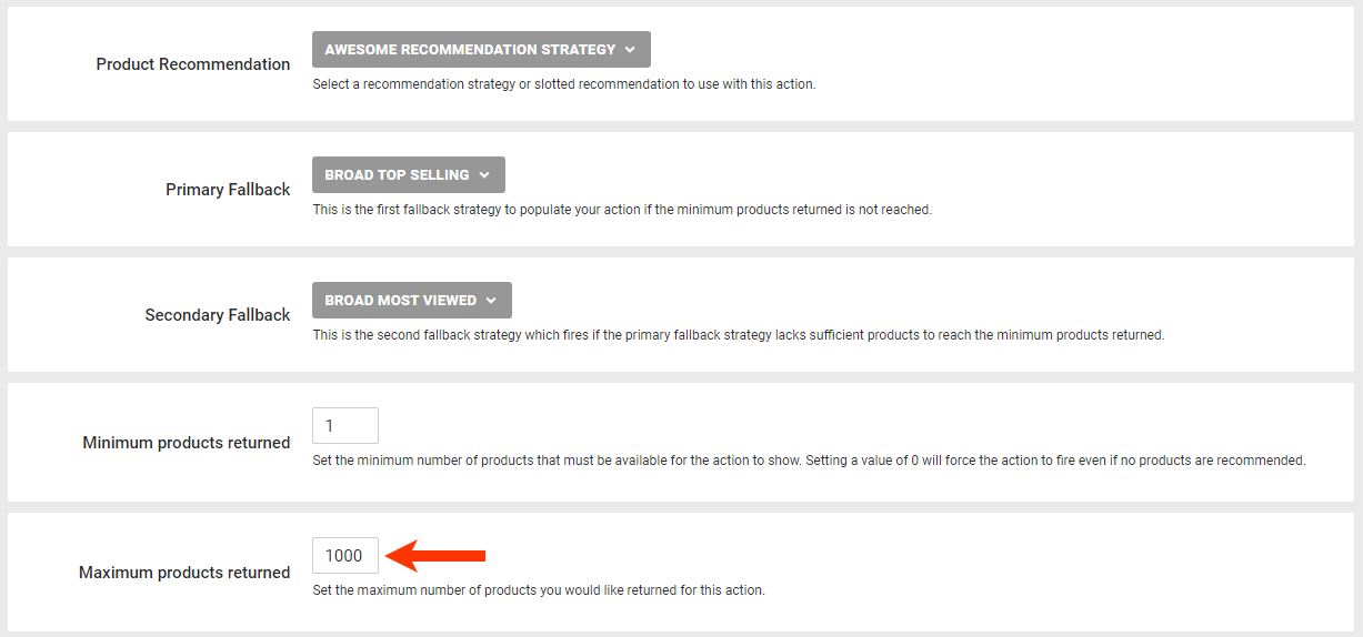 Callout of the 'Maximum products returned' field of a recommendations slider action template