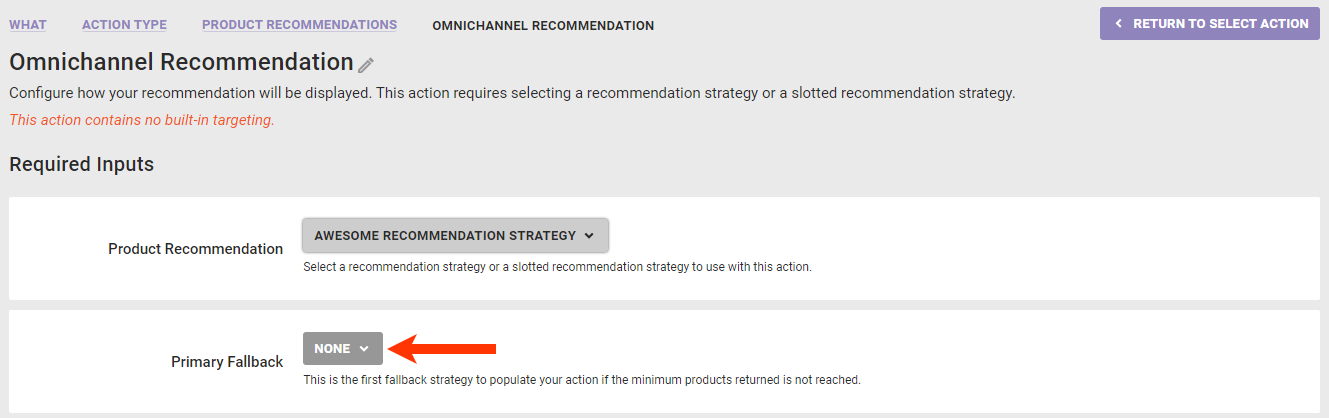 Callout of the Primary Fallback selector on the Omni Intelligent Recommendations action template