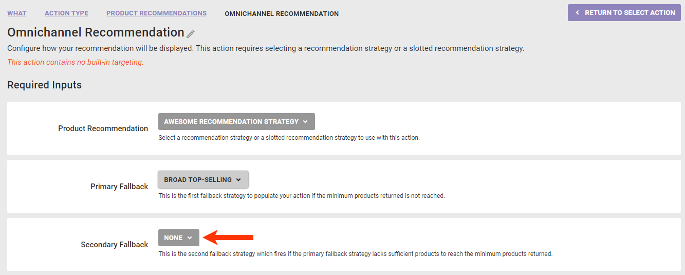 Callout of the Secondary Fallback selector on the Omni Intelligent Recommendations action template
