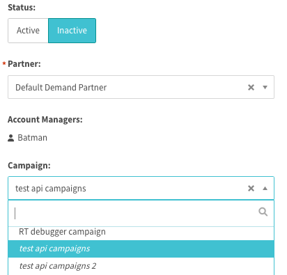 Shows a visual of the platform where inactive campaigns appear in the dropdown as italicized. 