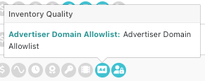Ad Quality Targeting icon popover with Advertiser Domain Allowlist: Allowed Advertiser Domains